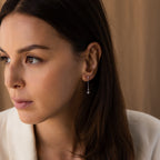 Medium shot of model wearing silver Starburst Chain Stud Earrings.