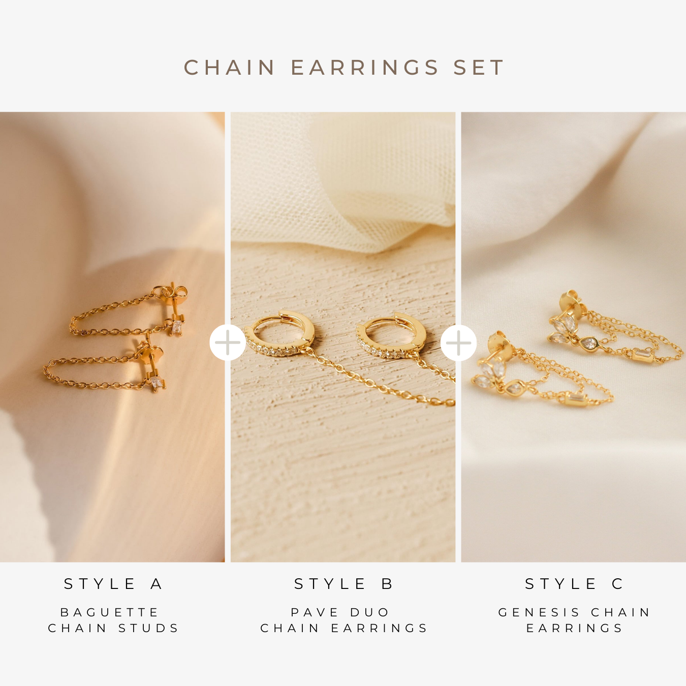 The Diamond Chain Earrings Set from the Golden Goddess Collection features studs, hoop duo, and link earrings displayed on beige backgrounds.