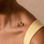 Close-up of a yellow strap and two gold, diamond-studded Pave Bubble Letter Charms—letters “O” and “M”—worn as earrings near the collarbone.