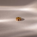 The Infinity Princess Garnet Charm, adorned with princess-cut stones and red garnet accents, rests on a softly lit, light-colored surface.