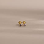 Teardrop Alexandrite Flatback Studs with small purple gemstones, displayed on a light beige background—ideal for those seeking elegant birthstone jewelry.