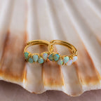 The Ombre Opal Huggies—gold earrings with shimmering teardrop opals—are displayed on a large seashell, illuminated by soft natural light.