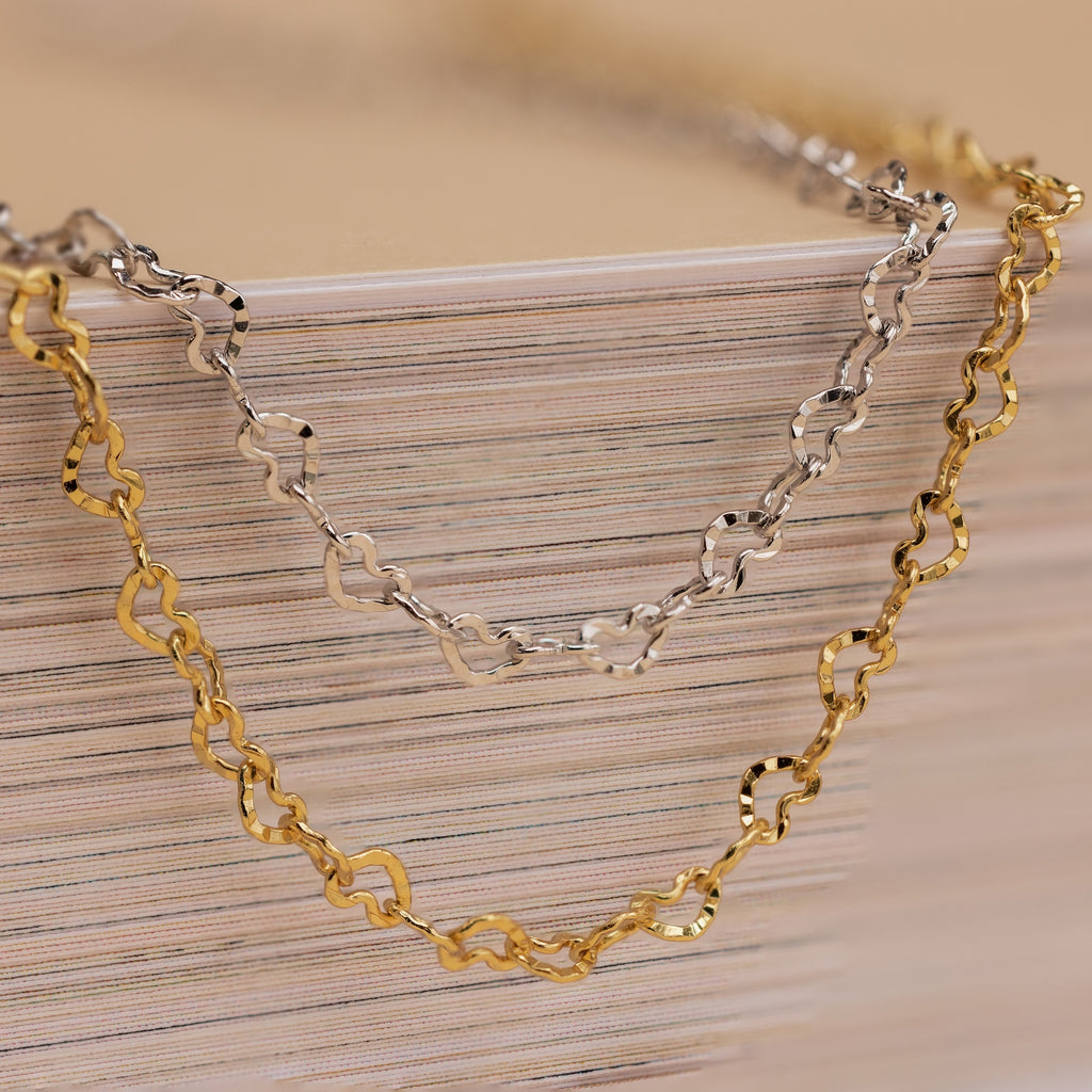 The Heart Link Chain Necklace in 18K Gold is draped over a stack of paper, adding an elegant and romantic touch to the display.