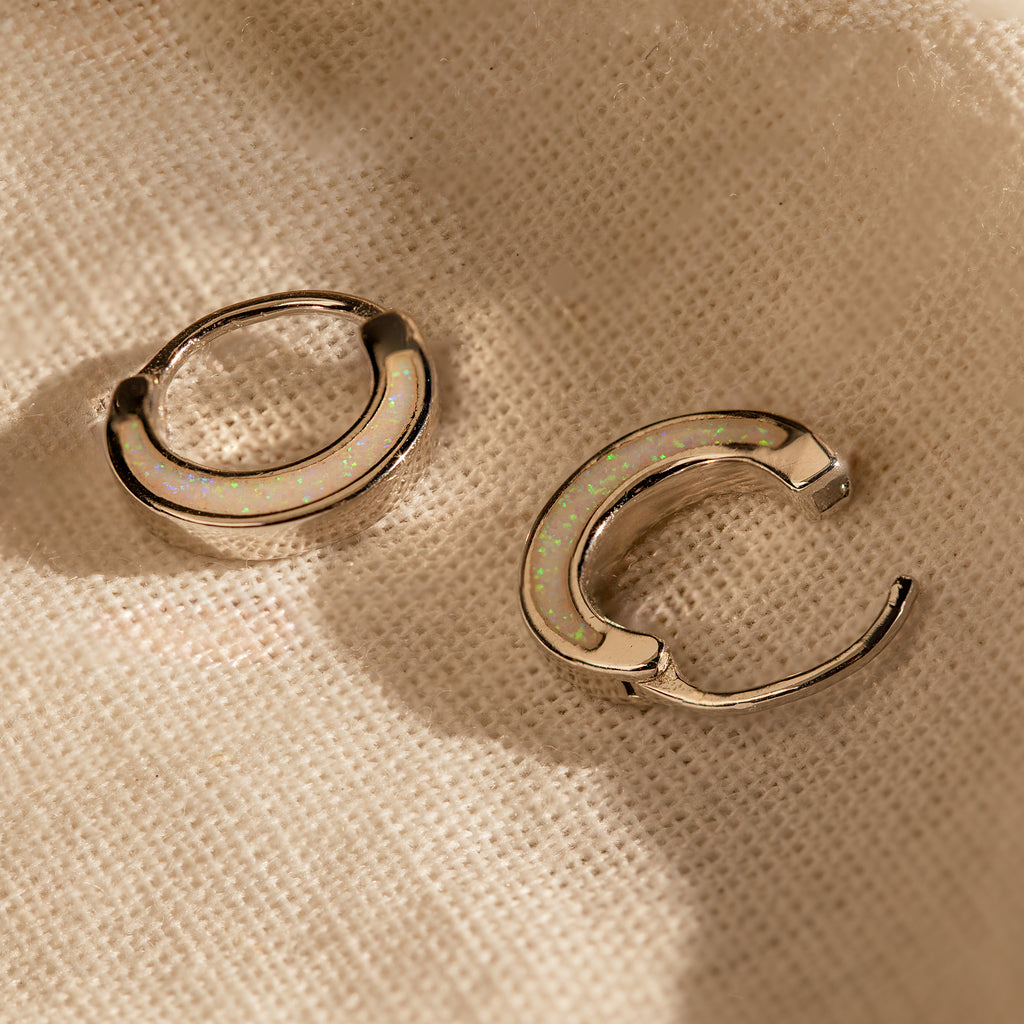 Crescent Moon Opal Huggies in Silver