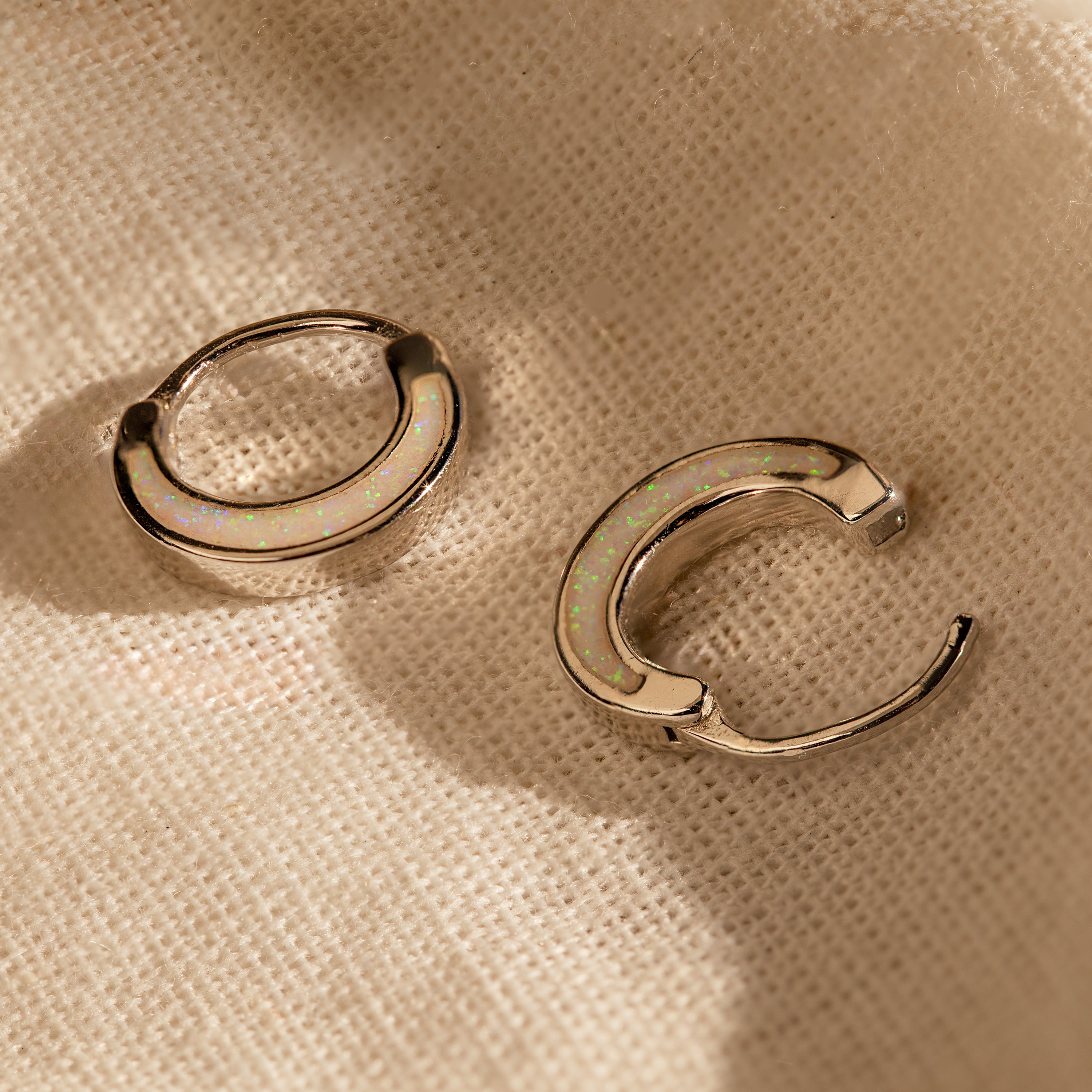 Crescent Moon Opal Huggies in Silver