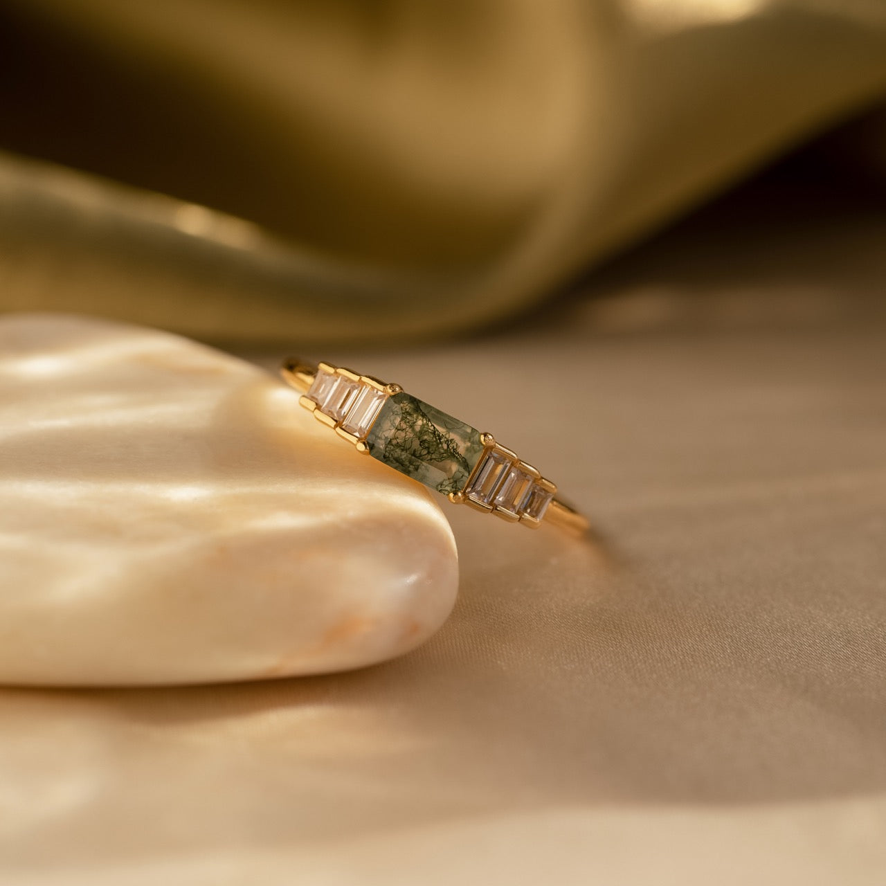 Art Deco Moss Agate Diamond Statement Ring | Caitlyn Minimalist