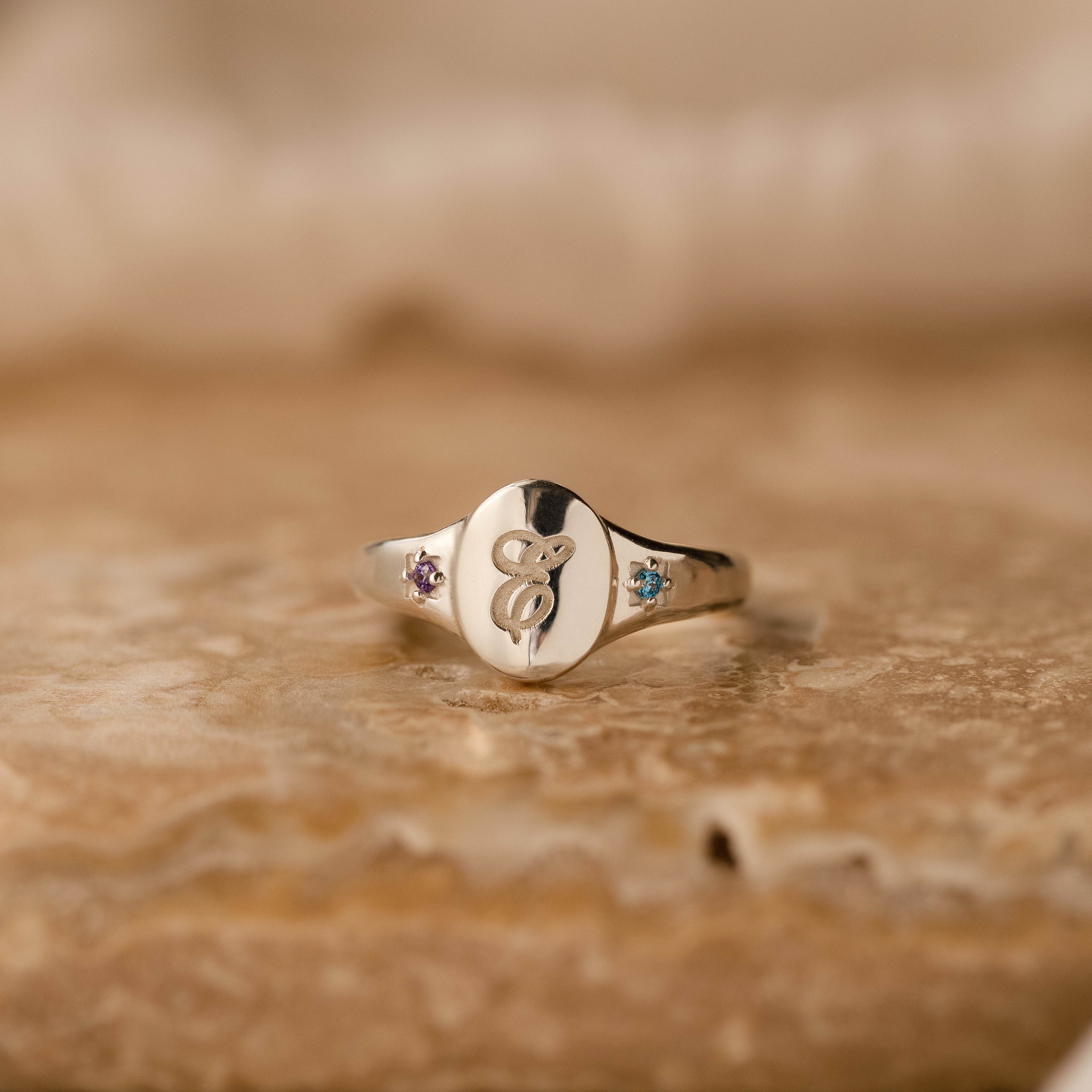 Initial Birthstone Signet Ring in Silver