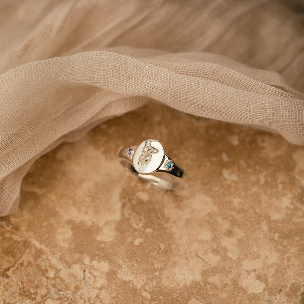 Initial Birthstone Signet Ring in Silver