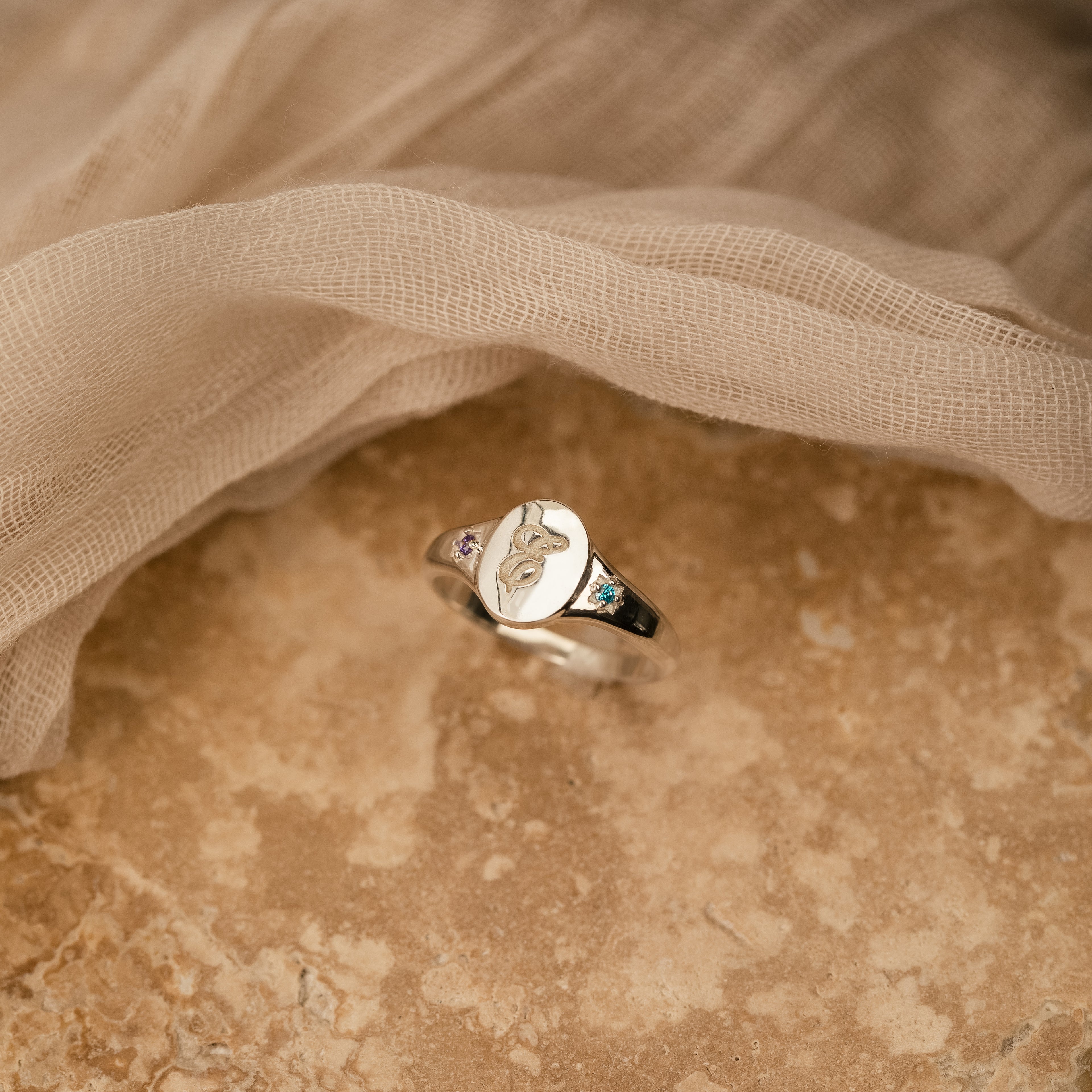 Initial Birthstone Signet Ring in Silver