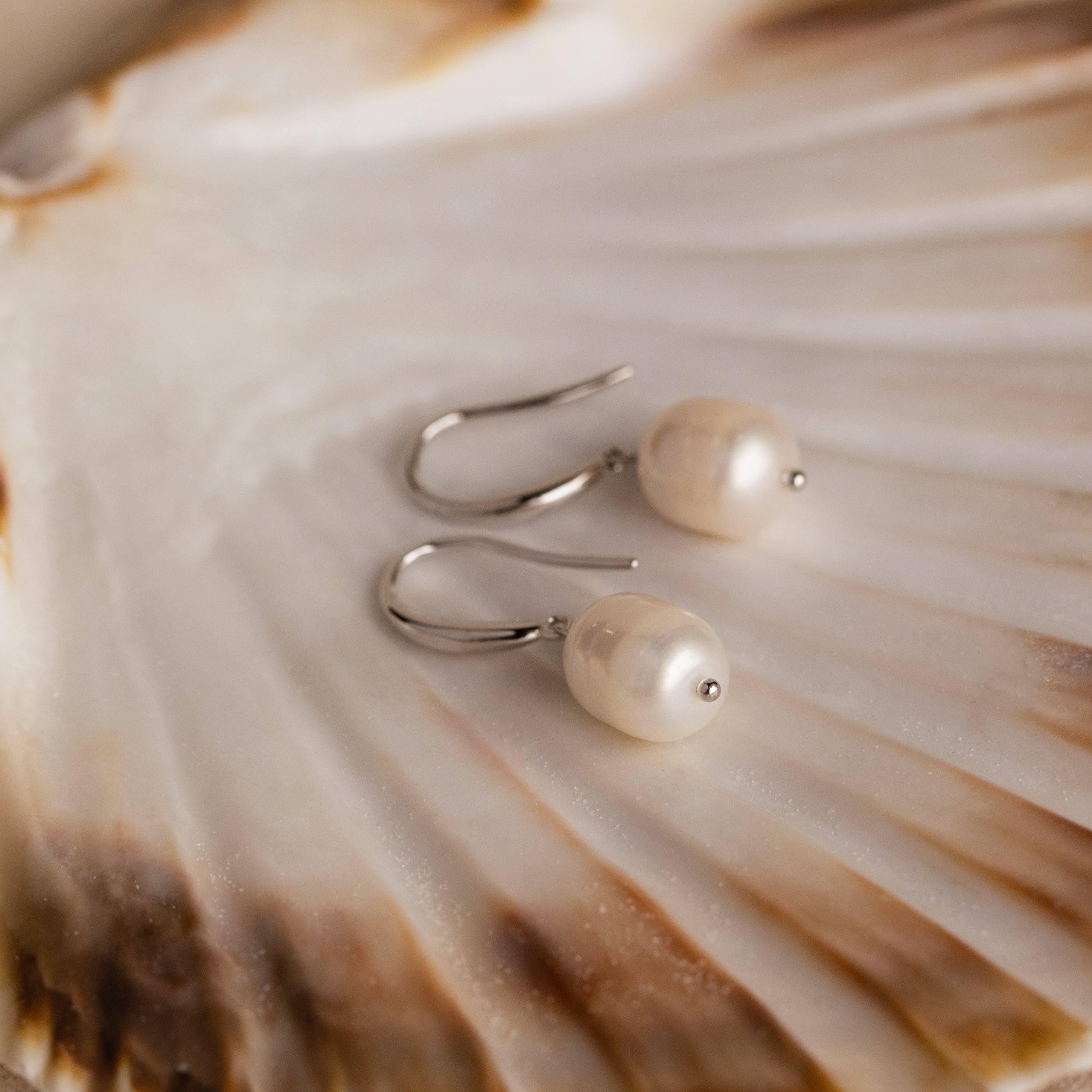 A pair of silver Dangling Pearl Drop Earrings resting on an iridescent seashell surface. Each earring features a lustrous white oval freshwater pearl suspended from a curved polished silver hook.