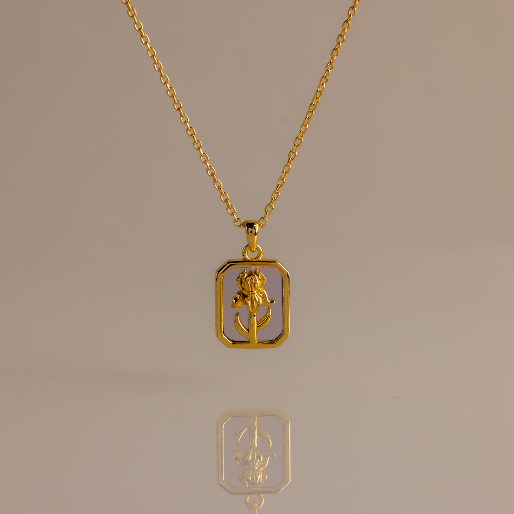 Amethyst Birth Flower Charm Necklace featuring a detailed rectangular rose pendant—this elegant piece, displayed on a neutral background, brings timeless charm and beauty to any outfit.