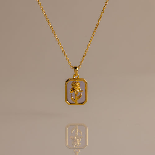 Amethyst Birth Flower Charm Necklace featuring a detailed rectangular rose pendant—this elegant piece, displayed on a neutral background, brings timeless charm and beauty to any outfit.