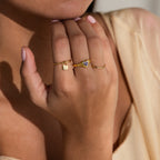 A hand with gold rings, including the Initial Padlock Drop Ring featuring a purple heart-shaped stone, rests near the face with pale pink nails.