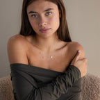 A woman with long brown hair, wearing an off-shoulder top and the Dainty Space Charm Necklace in Sterling Silver, gazes softly at the camera.