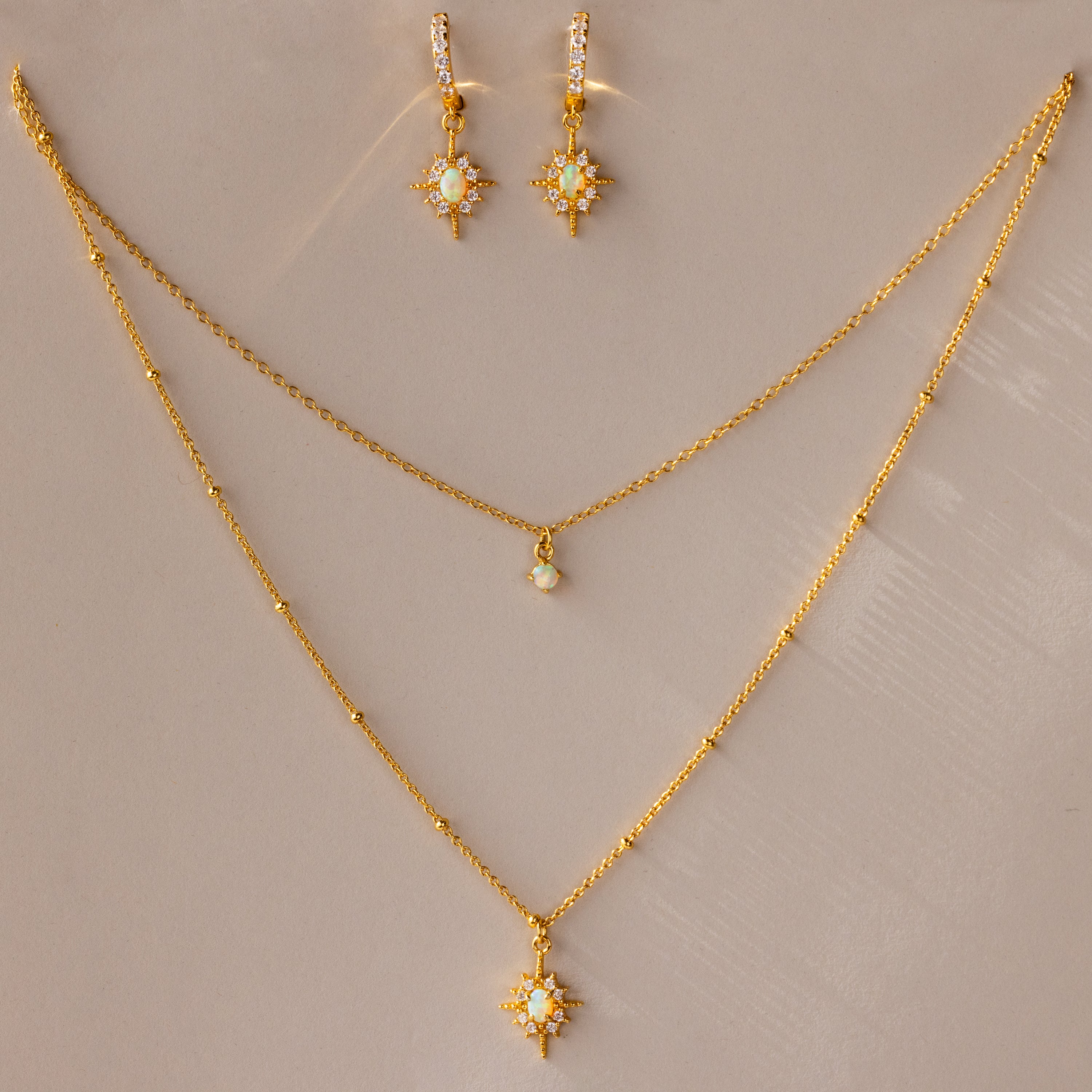 Opal Star Necklace & Earrings Set in 18K Gold, featuring a layered necklace with opal star and matching opal earrings, displayed on a neutral background.