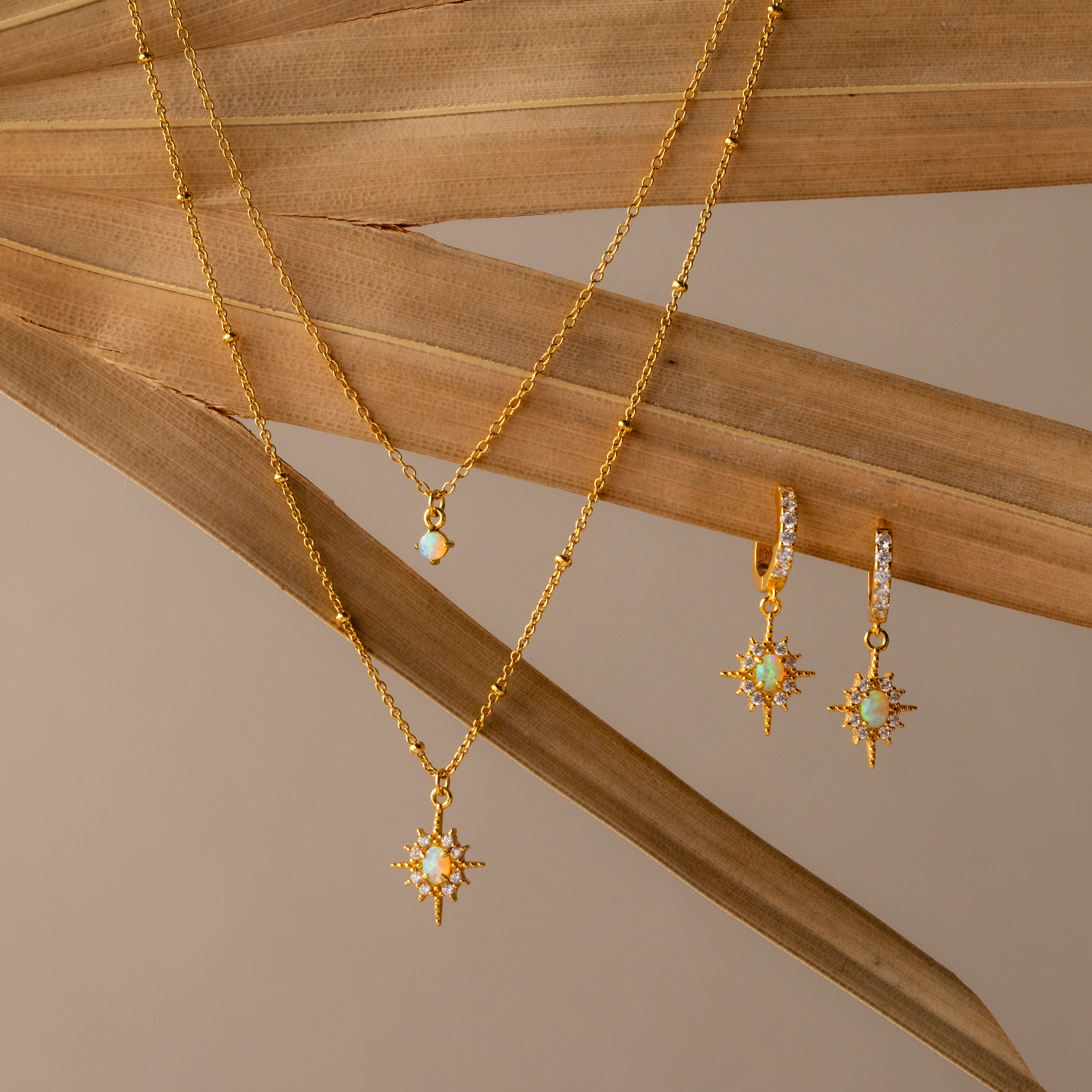 The Opal Star Necklace & Earrings Set in 18K Gold features sunburst designs, elegantly displayed on dried palm leaves against a beige background.