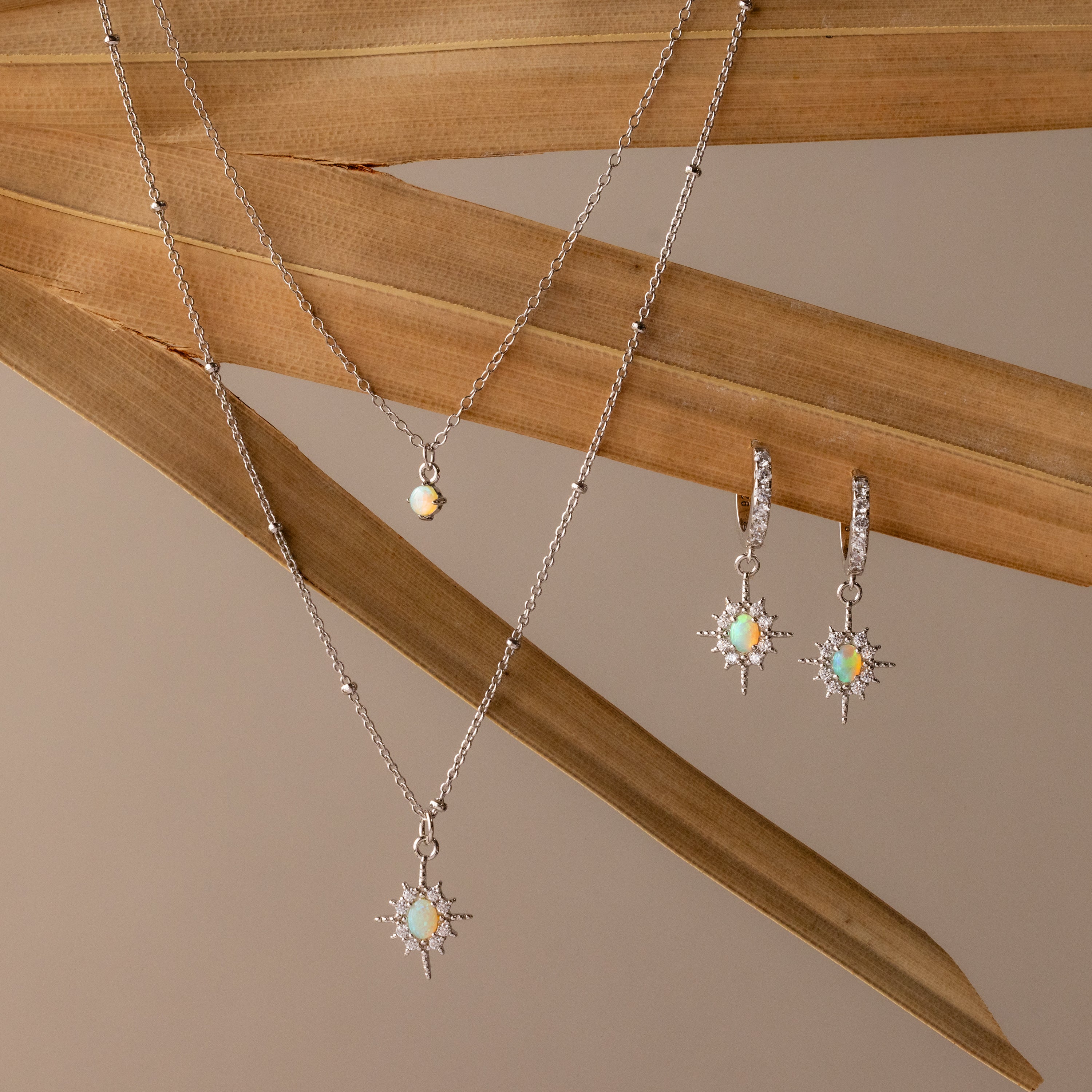 The Opal Star Necklace & Earrings Set is displayed on dried palm leaves.