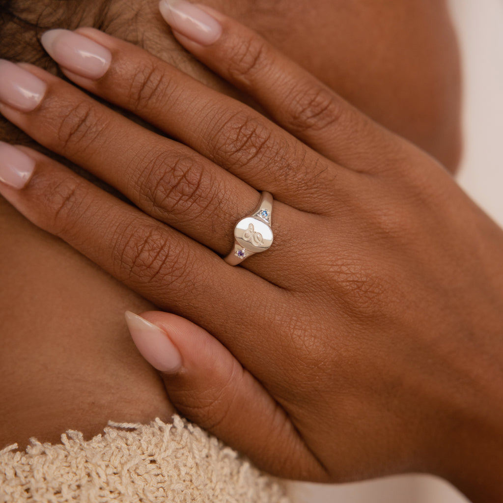 Initial Birthstone Signet Ring in Silver