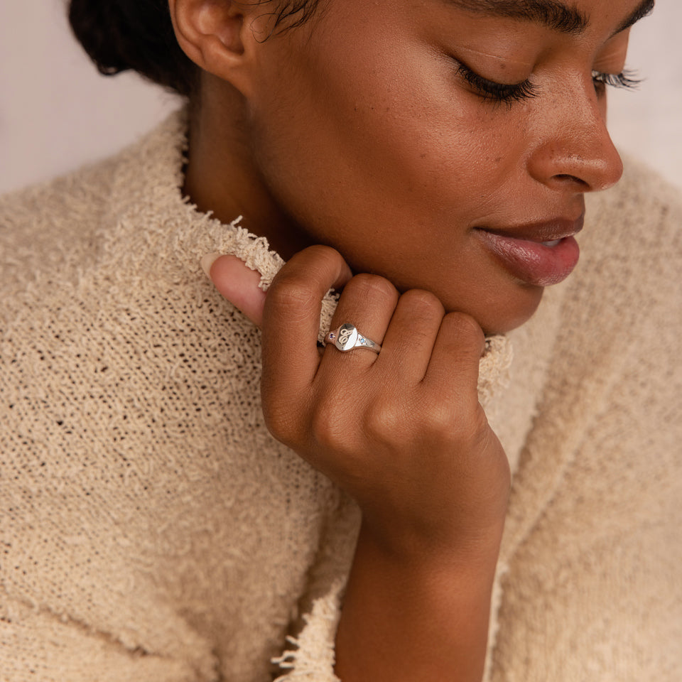 Initial Birthstone Signet Ring in Silver