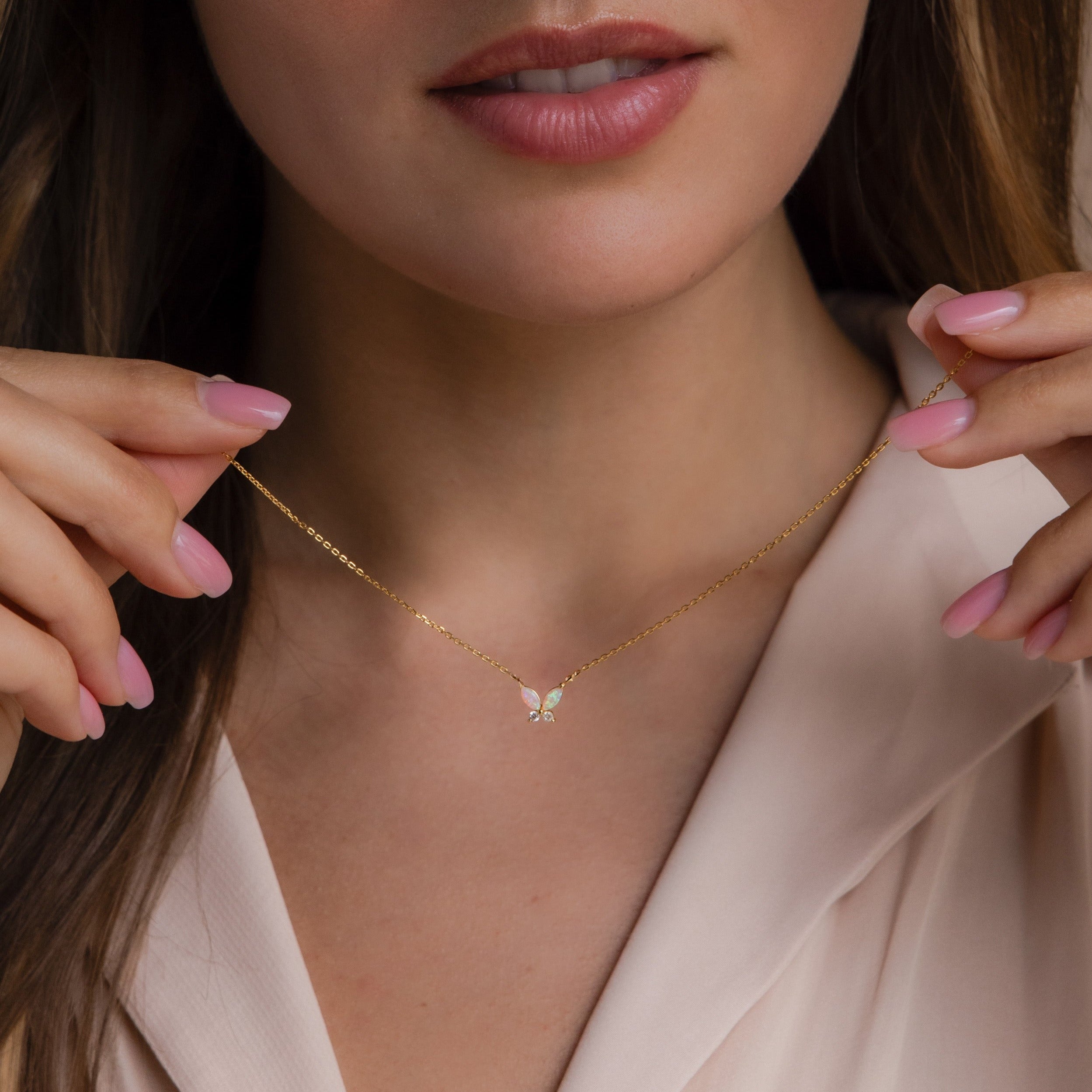 Dainty Pink Opal Butterfly Necklace | Caitlyn Minimalist Sterling Silver