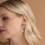 Woman with blonde hair wears Asymmetrical Birthstone Drop Earrings featuring pearl and green stones, set against a beige background.