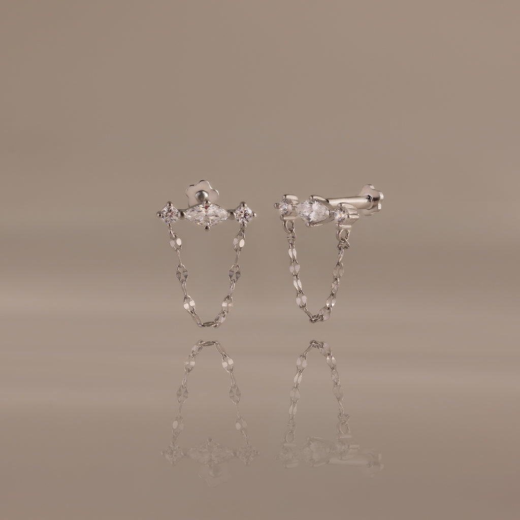 Diamond Marquise Chain Flat Back Studs in Silver