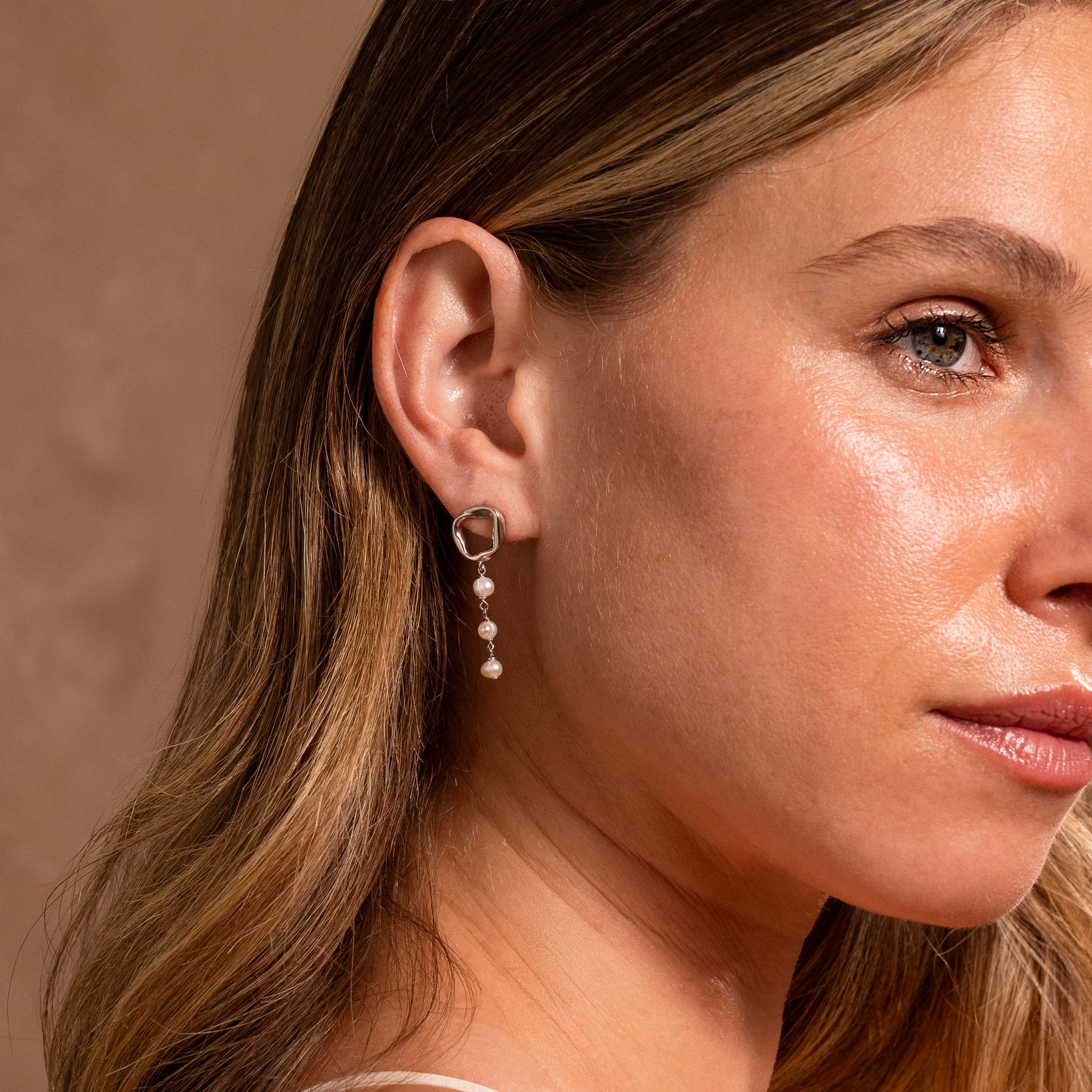 Abstract Pearl Trio Drop Earrings in Silver