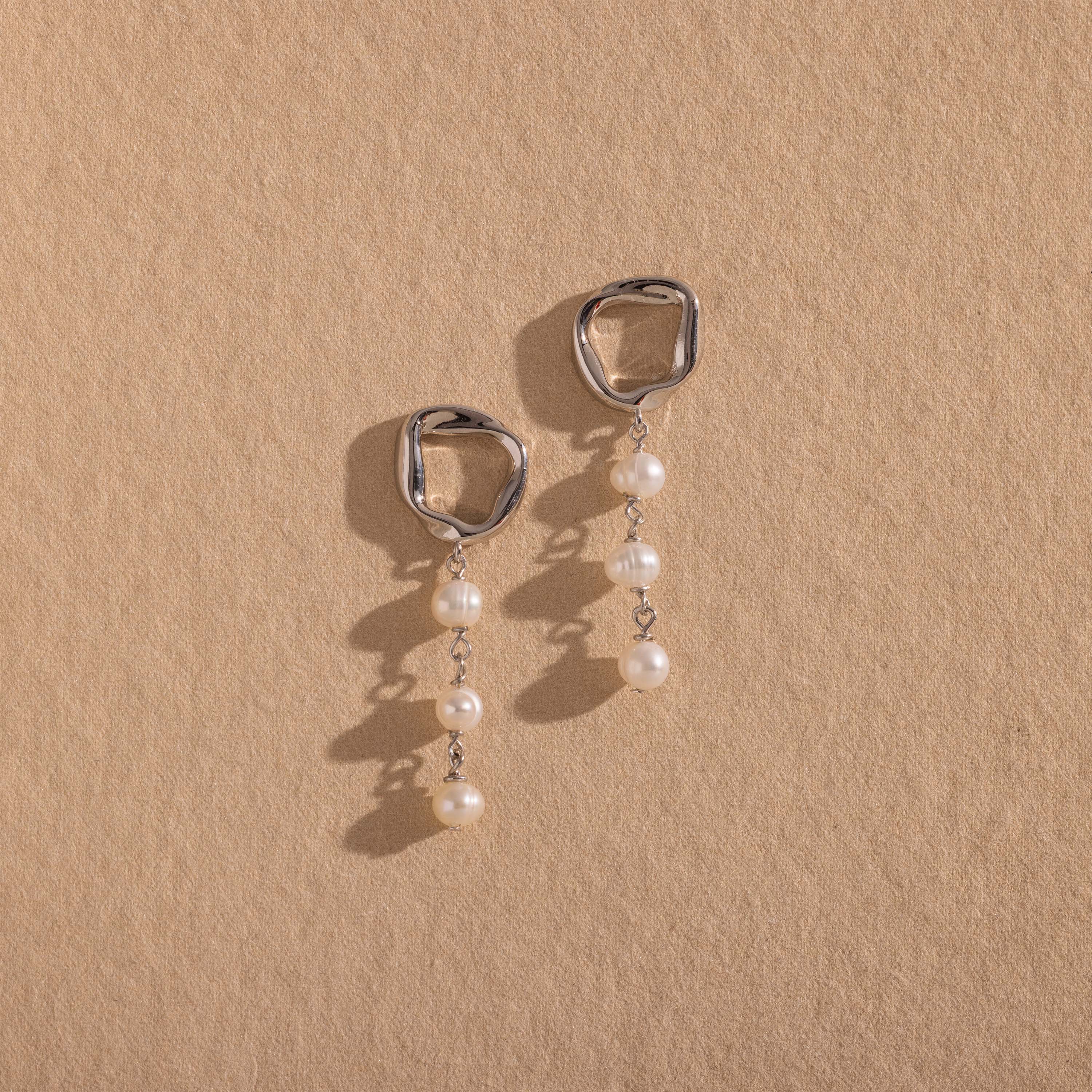 Abstract Pearl Trio Drop Earrings in Silver