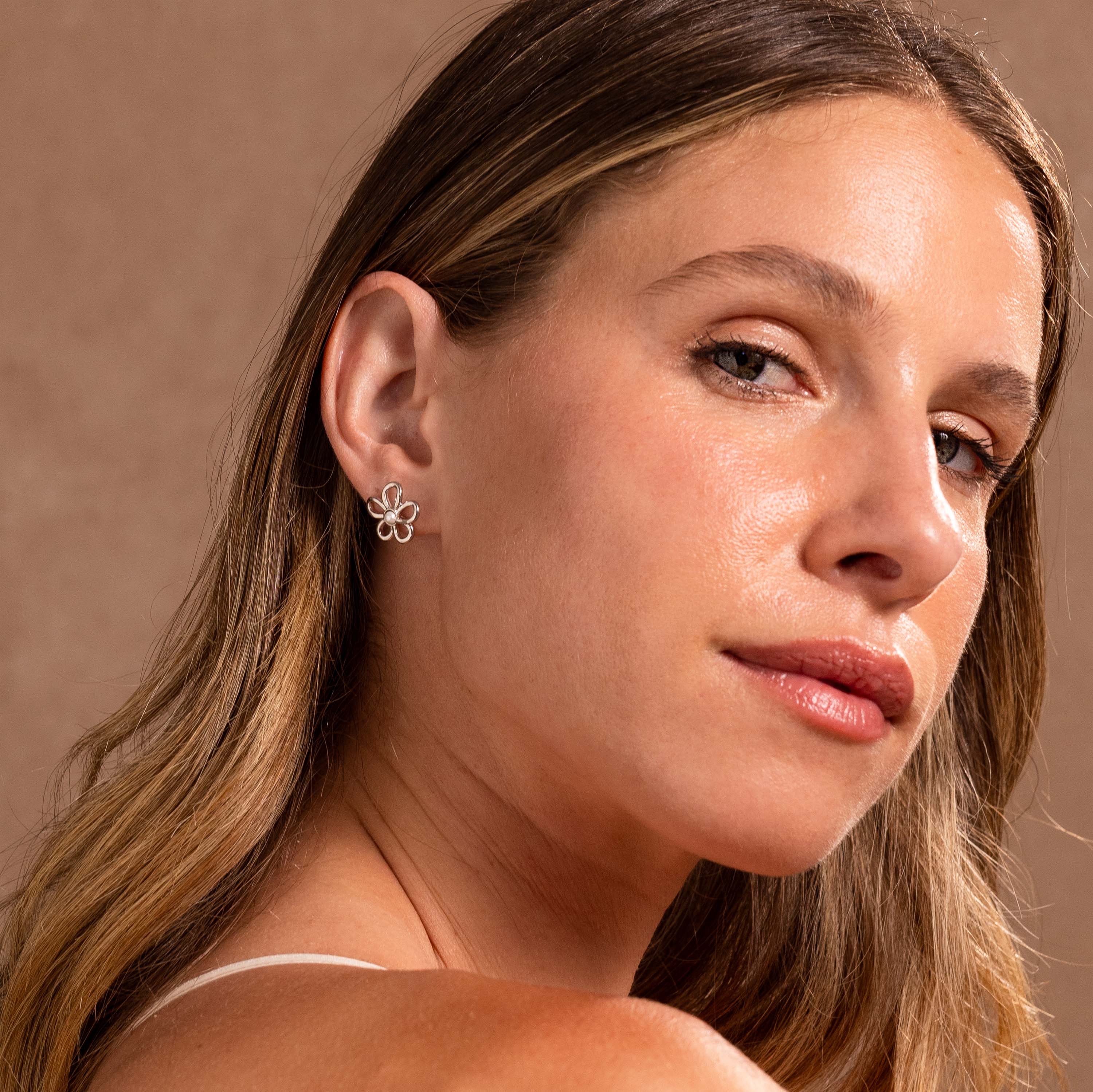 Lila Flower Pearl Studs in Silver