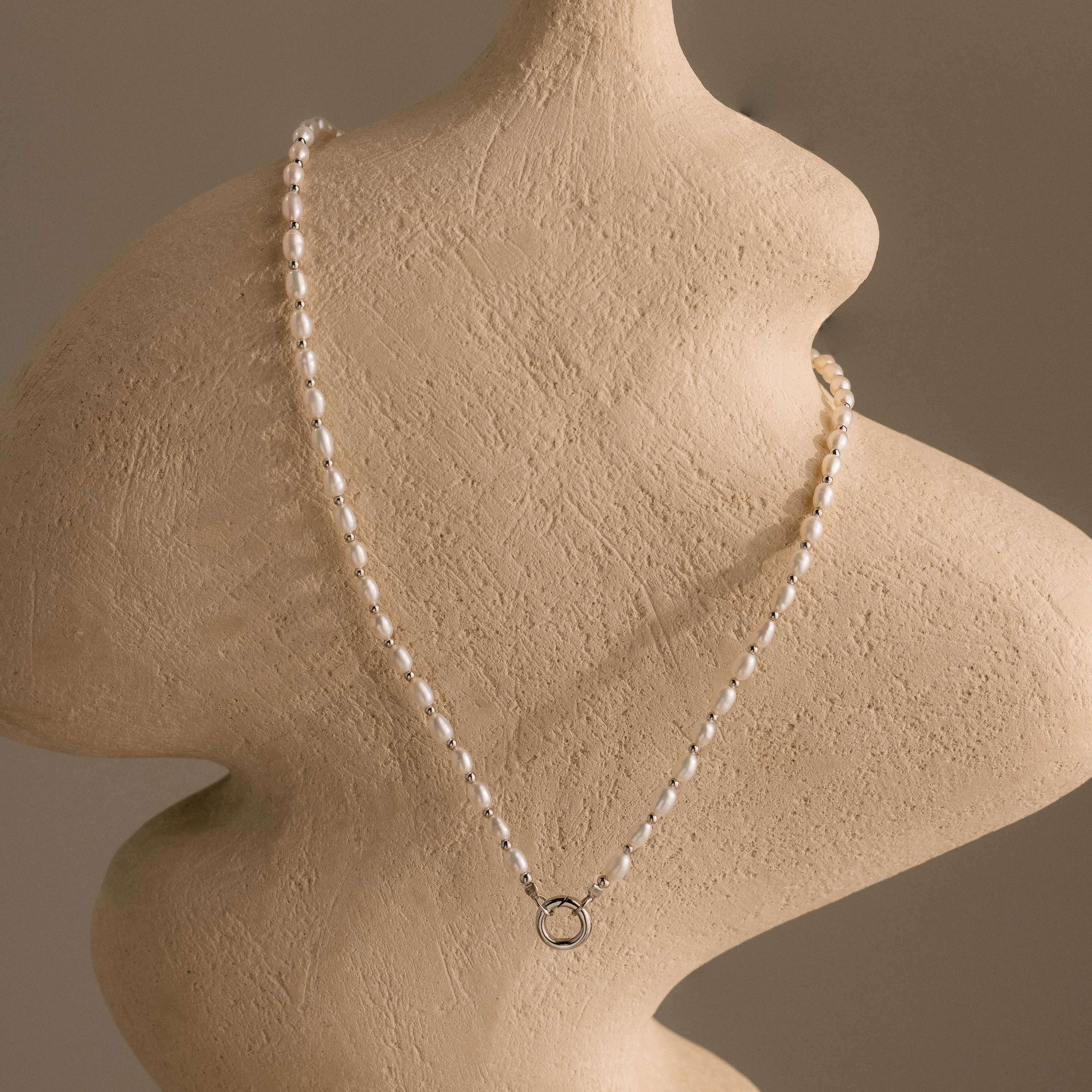 Pearl Station Beaded Charm Necklace in Silver