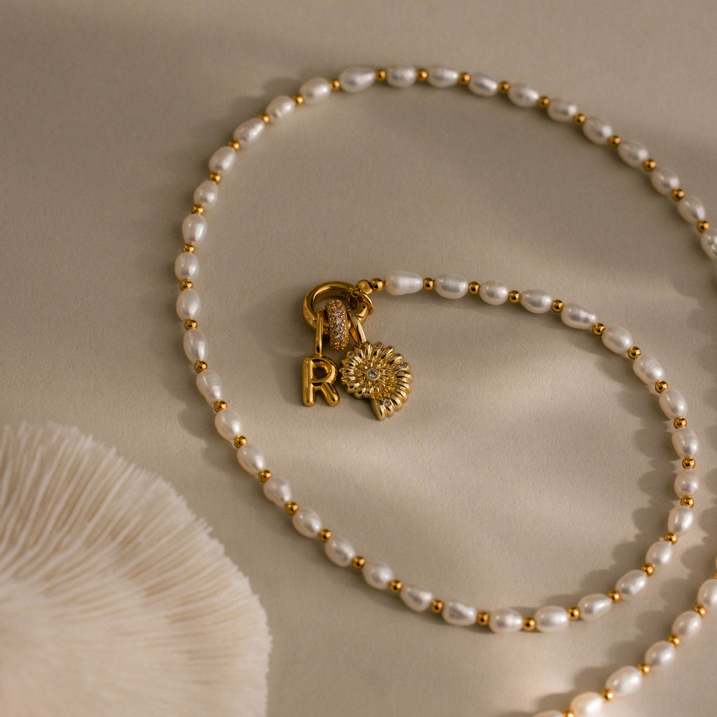 Pearl Station Beaded Charm Necklace in 18K Gold