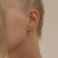 Close‑up of a model’s ear wearing a opal gold birthstone ear jacket with its matching back‑facing CZ gemstone creating a layered look.