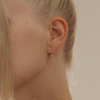 Close‑up of a model’s ear wearing a opal gold birthstone ear jacket with its matching back‑facing CZ gemstone creating a layered look.