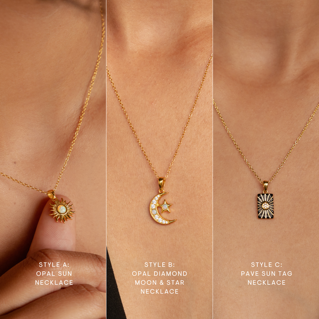 The Celestial Pendant Necklace Set features three gold necklaces: a sun, a crescent moon with stars, and a rectangular sun tag—an elegant gift for her.