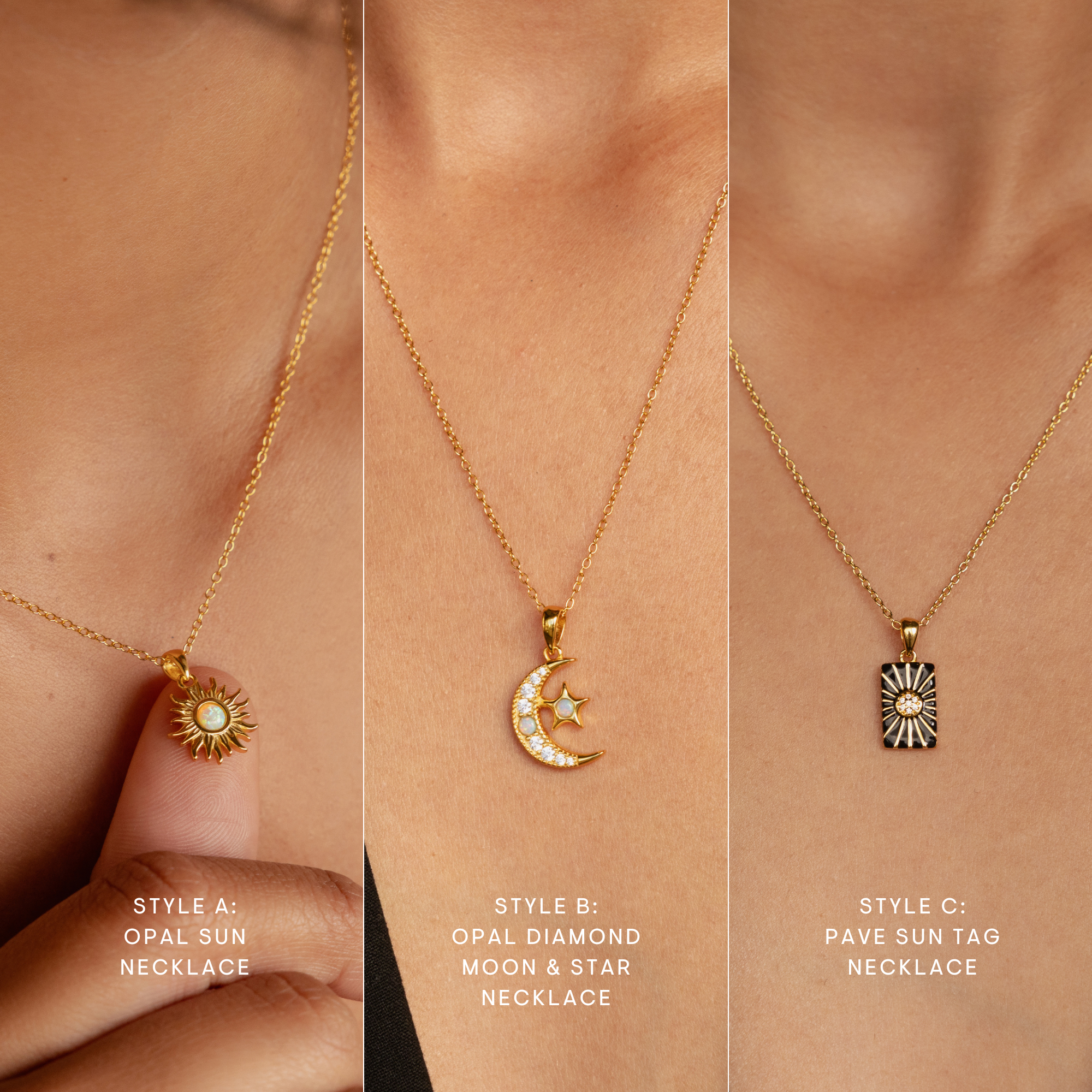 The Celestial Pendant Necklace Set features three gold necklaces: a sun, a crescent moon with stars, and a rectangular sun tag—an elegant gift for her.