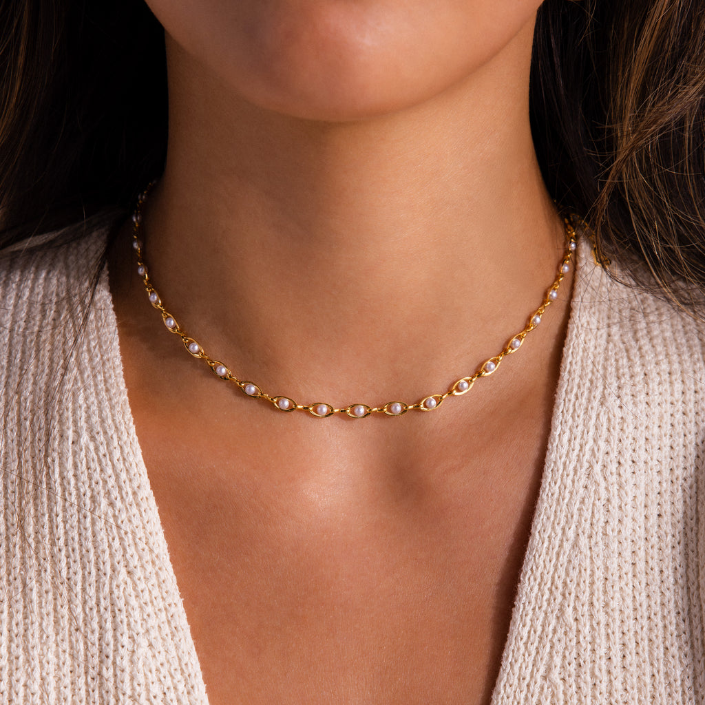 Eternity Pearl Necklace & Bracelet Set in 18K Gold