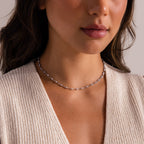 Silver choker necklace featuring evenly spaced white pearls, styled on a woman’s neckline with a textured cream knit top.