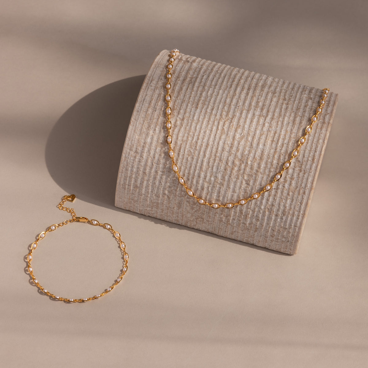 Eternity Pearl Necklace & Bracelet Set in 18K Gold
