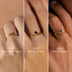 Three styles of gold rings with black stones—Style A, B, and C—are shown on hands. Perfect for layering as the Black Diamond Rings Set, offering a chic, modern look for bold jewelry lovers.