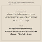 Font chart displaying two serif and script fonts with sample names and letter examples—ideal for customizing your Beaded Multiple Name Ring in 18K Gold.