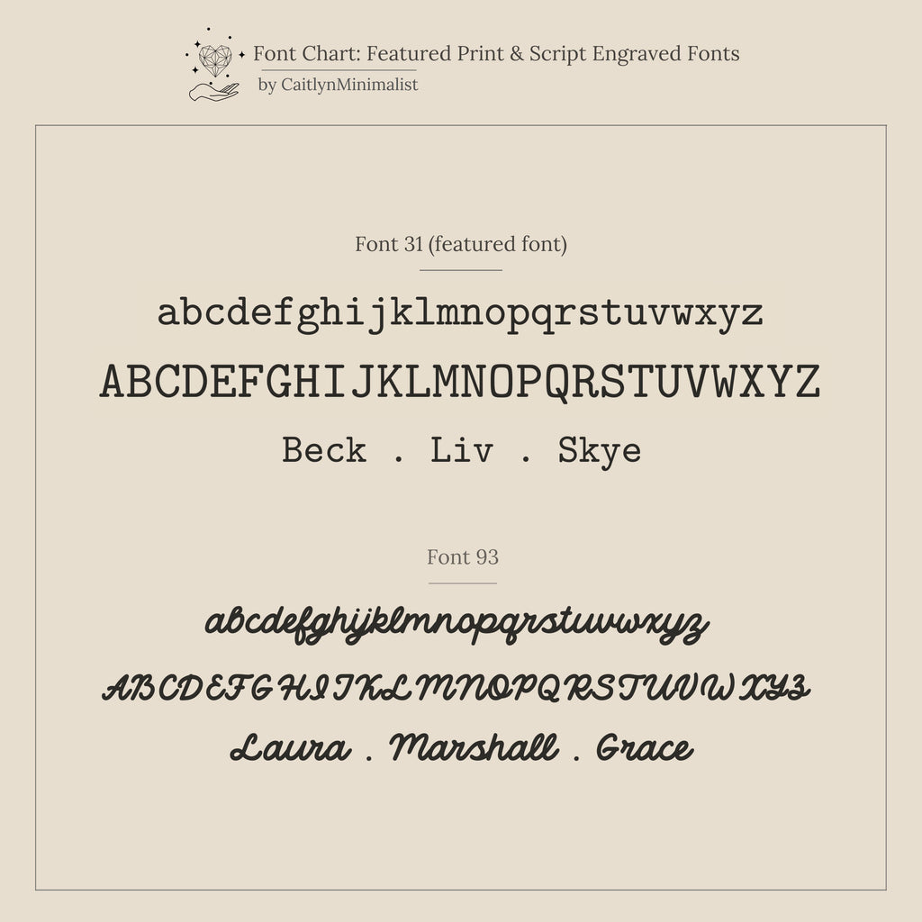 Font chart displays two fonts—a serif print and a script style—featuring example names. Ideal for customizing your Beaded Multiple Name Ring with your choice of font for a unique, personalized touch.