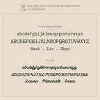 Font chart displays two fonts—a serif print and a script style—featuring example names. Ideal for customizing your Beaded Multiple Name Ring with your choice of font for a unique, personalized touch.