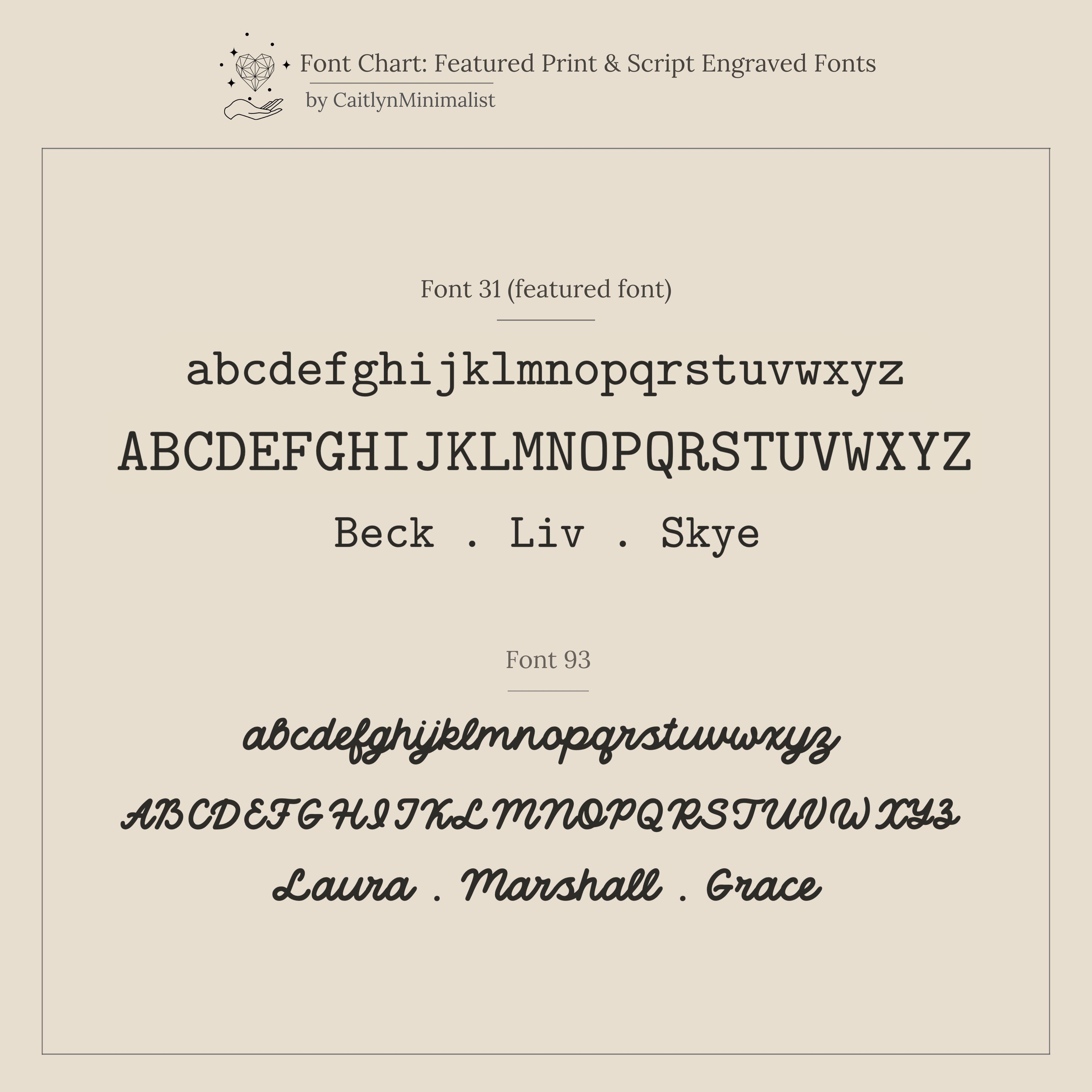 Font chart displays two fonts—a serif print and a script style—featuring example names. Ideal for customizing your Beaded Multiple Name Ring with your choice of font for a unique, personalized touch.