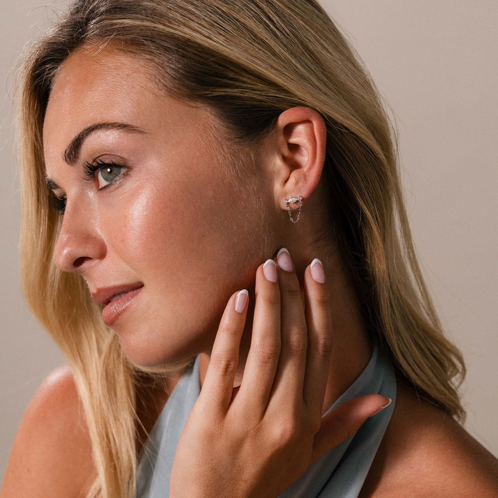 Diamond Marquise Chain Flat Back Studs in Silver