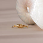 Fish Charm in 18K Gold laying next to a shell