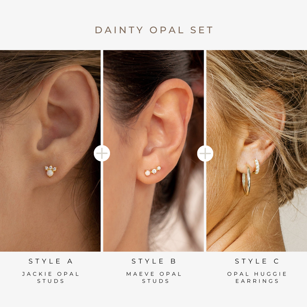 A collage of various earrings, highlighting delicate styles and the elegant Dainty Opal Earrings Set.