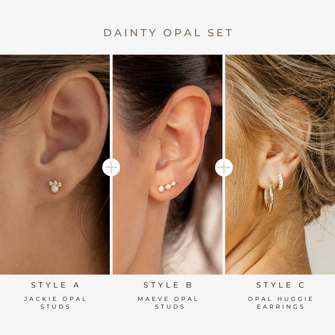 A collage of various earrings, highlighting delicate styles and the elegant Dainty Opal Earrings Set.
