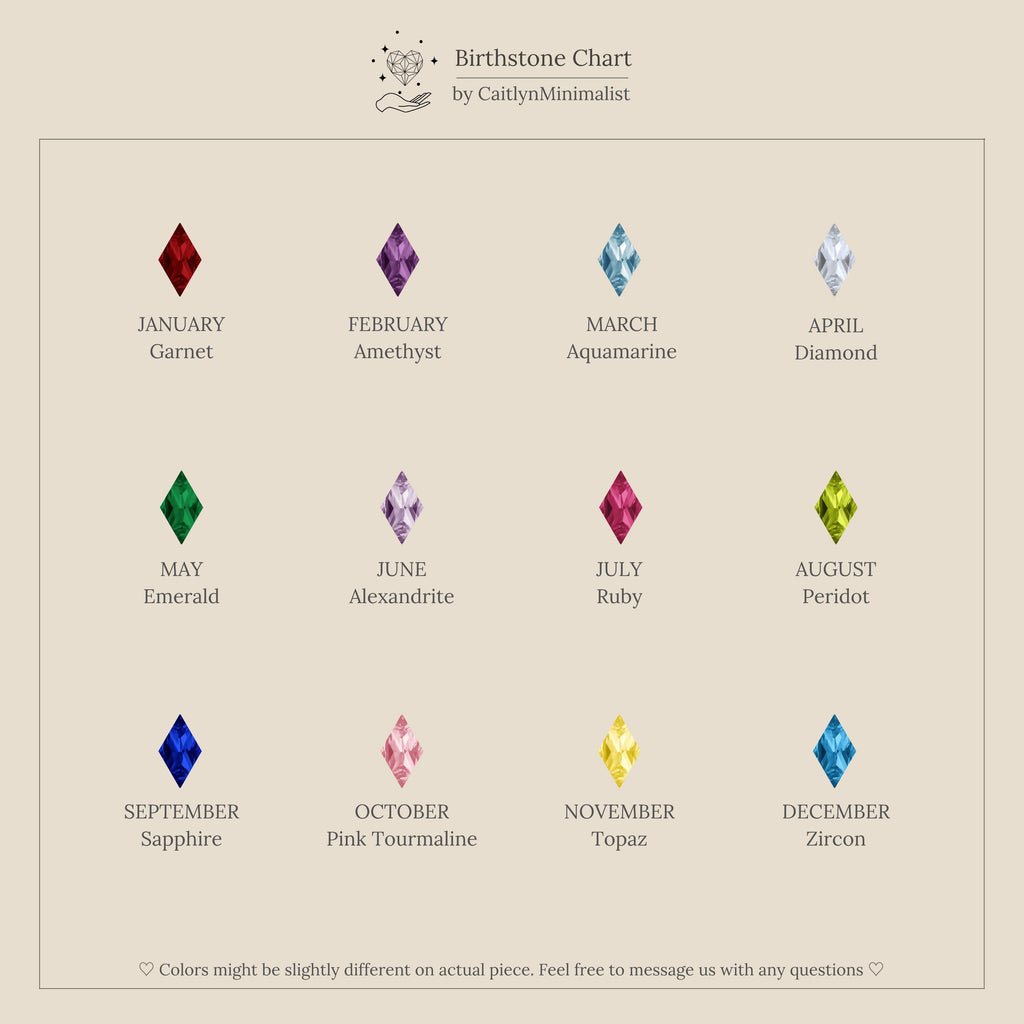 Discover our birthstone chart with gems for each month—garnet, amethyst, aquamarine, diamond, emerald, and more—to help you style chic jewelry or choose the perfect Rhombus Birthstone Flatback Studs.