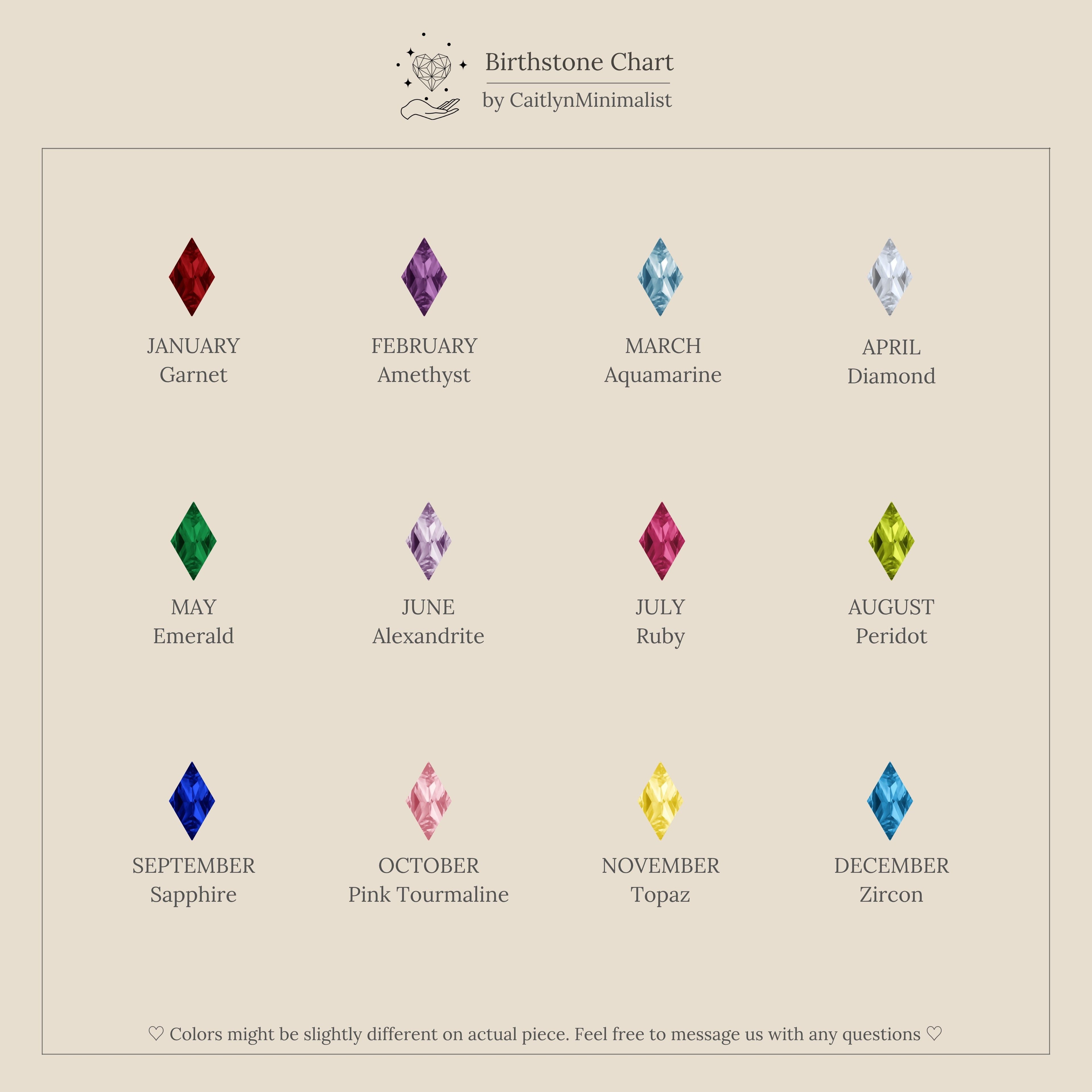 Discover our birthstone chart with gems for each month—garnet, amethyst, aquamarine, diamond, emerald, and more—to help you style chic jewelry or choose the perfect Rhombus Birthstone Flatback Studs.
