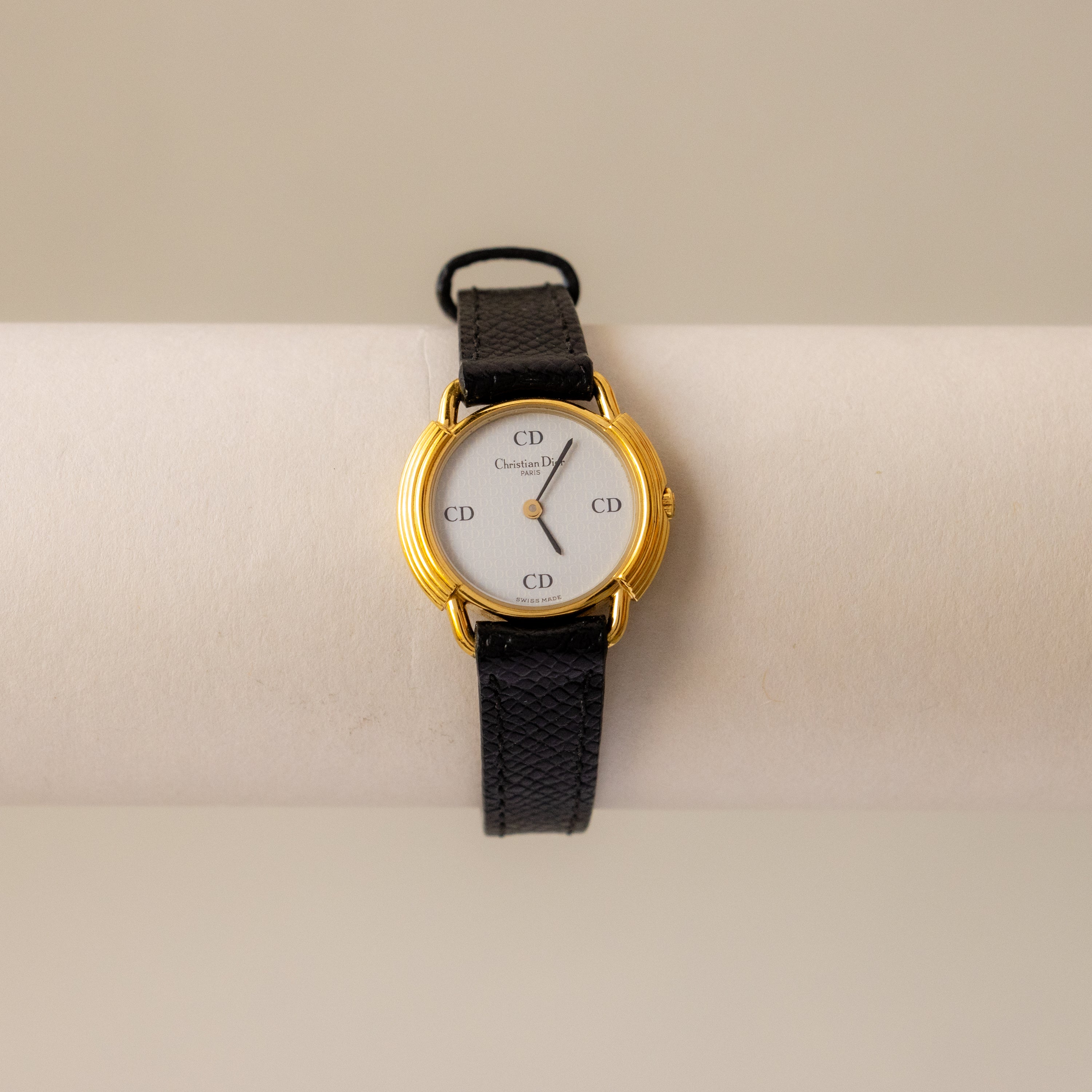 Vintage Christian Dior Swiss Black Strap Gold Watch